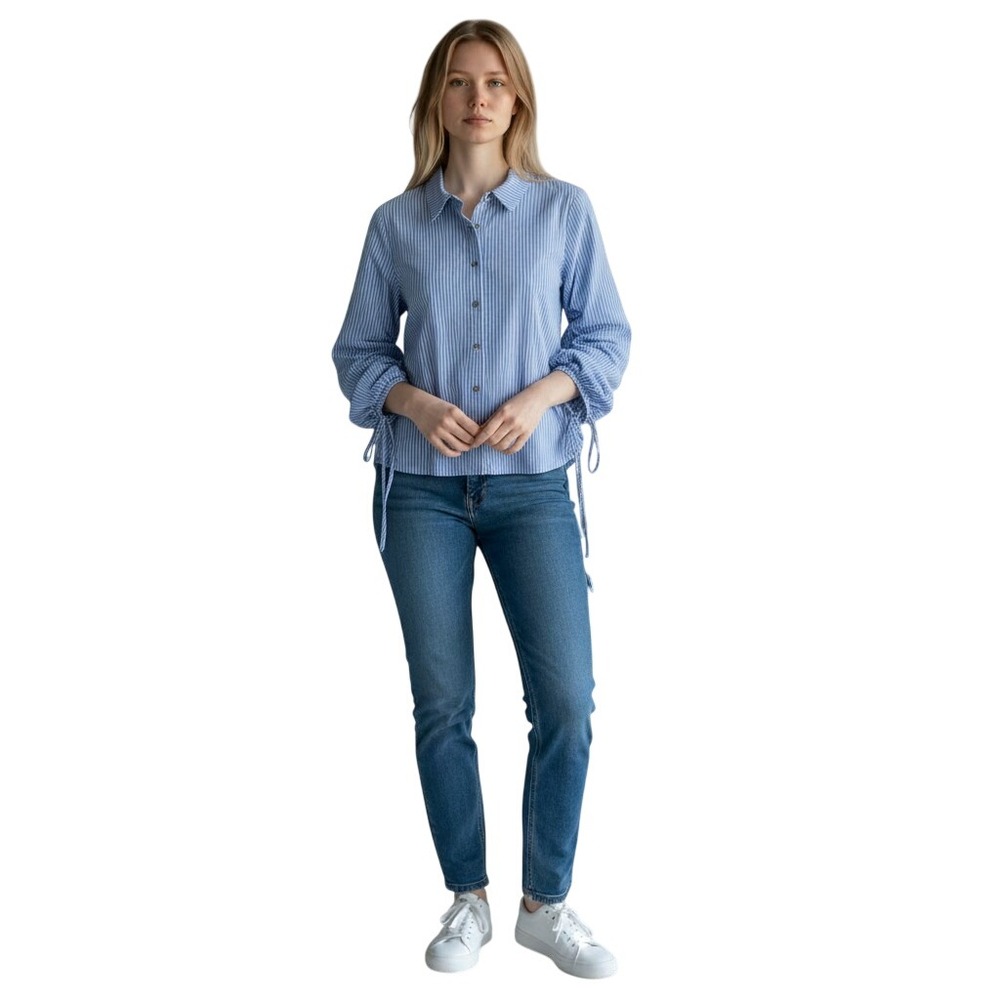 Vince Camuto Blue White Striped Ruched Tie Sleeve Button Down Shirt M MSRP $119